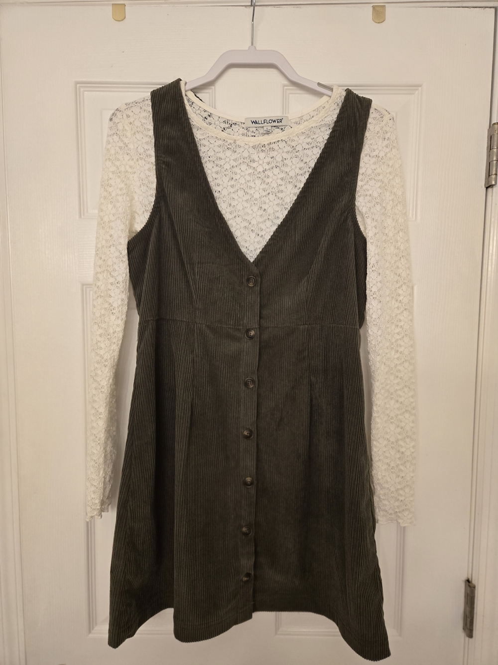 Wallflower Olive Corduroy Button-Front Pinafore